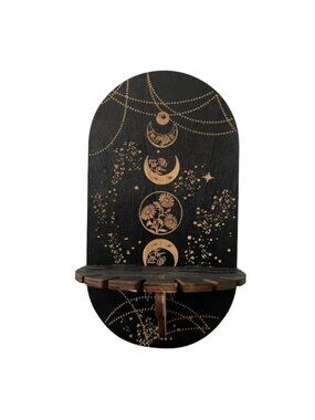 Small Wooden Shelf Wall Moon Phases Floral Design Hanging Decor Crystal Holder
